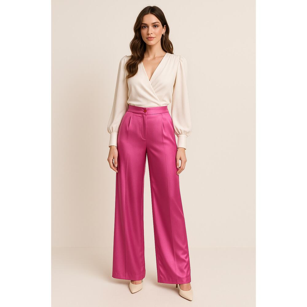 Sincerely Jules Womens Satin Wide Leg Pants Size L Bright Pink Pleated Chic Posh